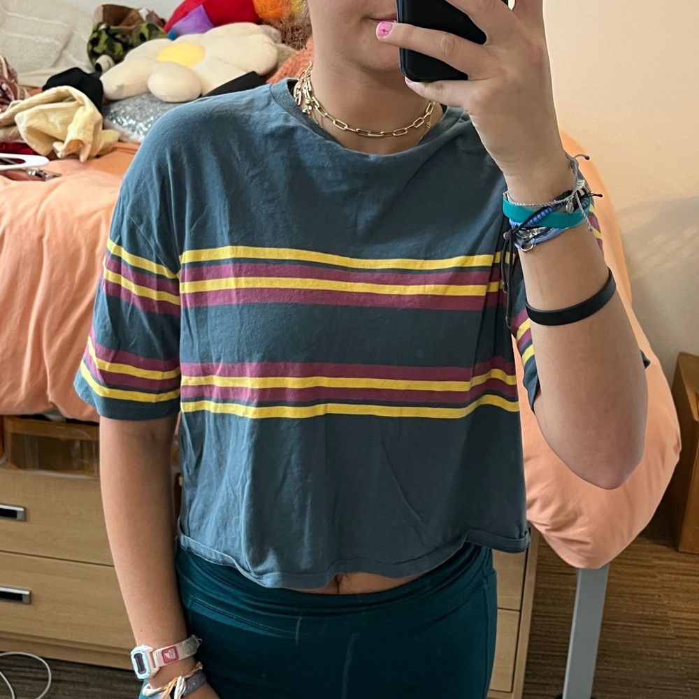Retro green, red, and yellow striped tee